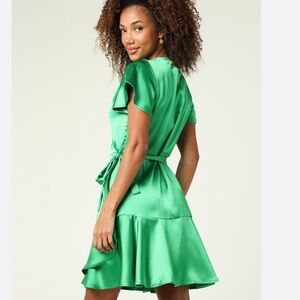 Trixxi Emerald Satin Tie-Waist Mini Dress